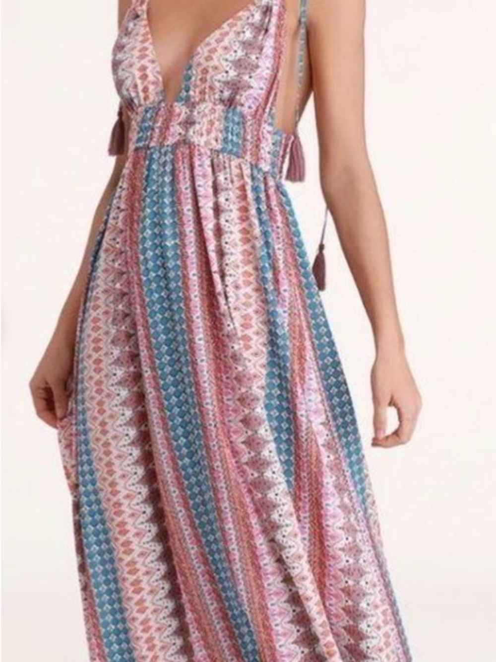 Lulu's Pink & Blue Patterned Tie-Back Maxi Dress